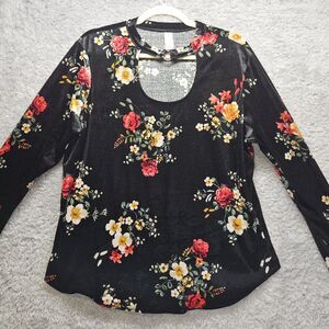 No Boundaries Junior Womens Black Velvet Top Floral Longsleeve XXXL